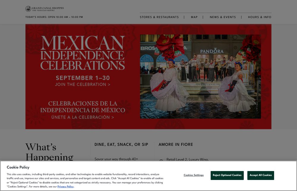 Grand Canal Shoppes' own homepage at The Venetian Resort, showing performers in traditional dress in front of Pandora and other storefronts along the indoor canal