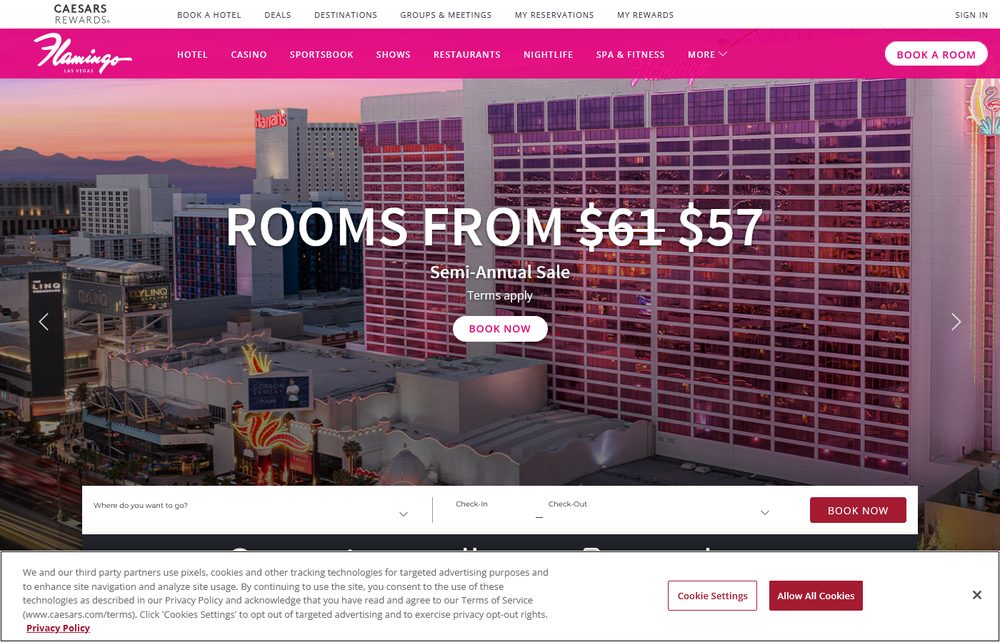 Flamingo Las Vegas's own homepage at dusk, with Harrah's, The LINQ Promenade, and Gordon Ramsay signage all visible in the same skyline shot