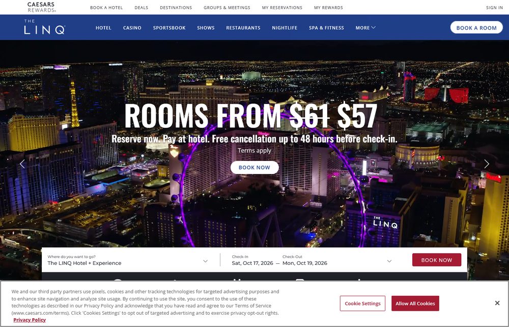 The LINQ Hotel's own homepage at night, showing the purple-lit High Roller observation wheel rising over the Las Vegas Strip skyline