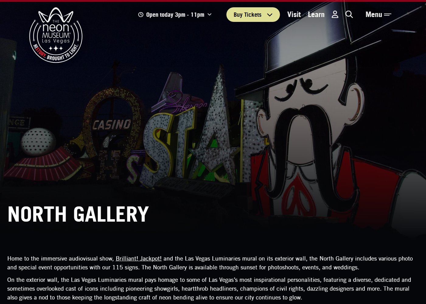 The Neon Museum's own webpage for the North Gallery, showing a large fiberglass sculpture of a mustached showgirl-era mascot head beside illuminated CASINO and STAR signage