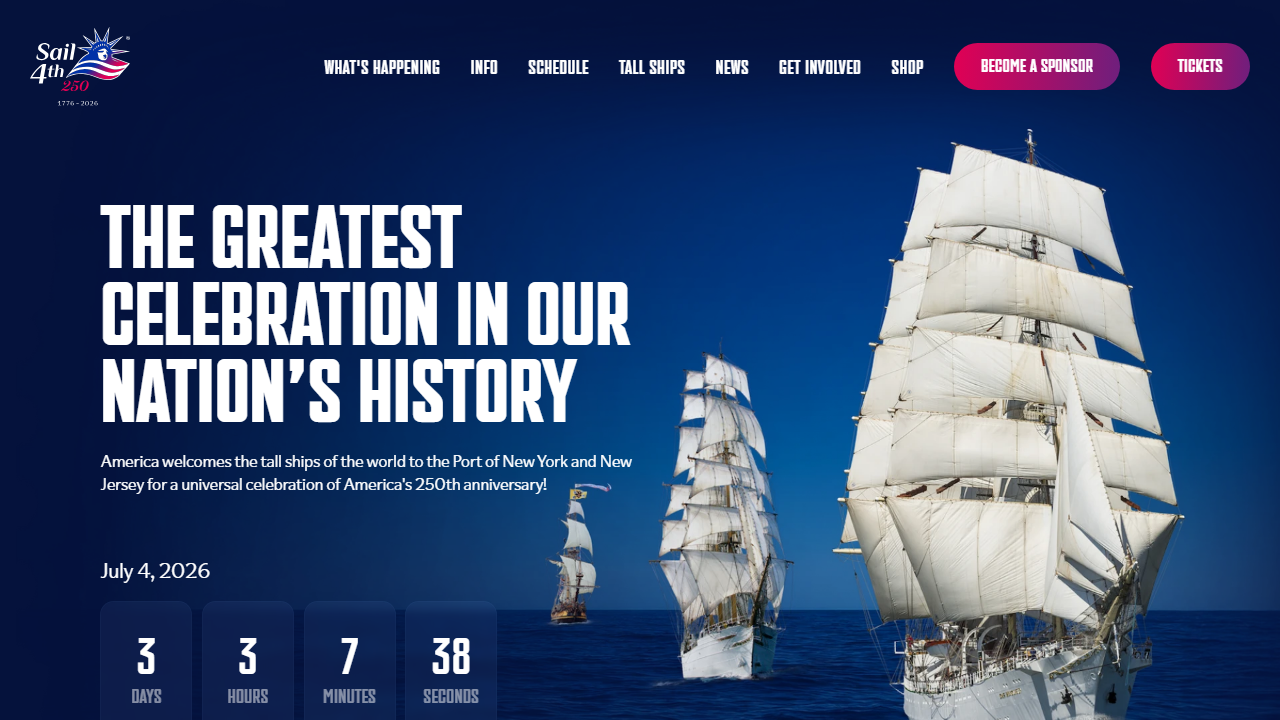 Sail4th 250 official homepage at sail4th.org showing the tall ships gathering in New York Harbor for America's 250th anniversary