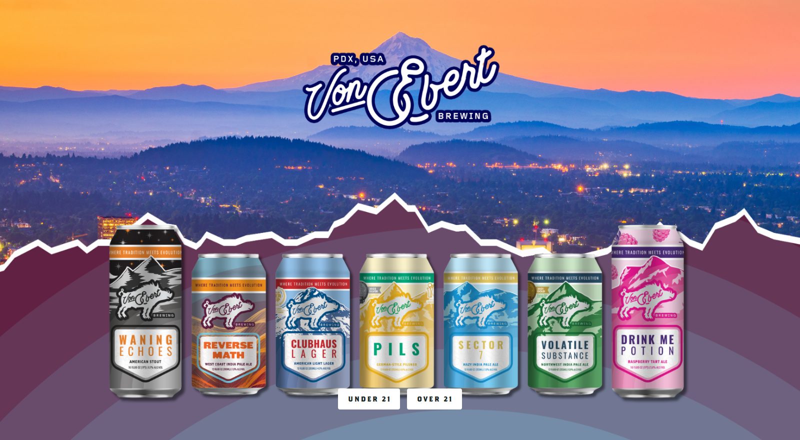 Von Ebert Brewing's own homepage, showing seven canned beers lined up against a sunset view of Mount Hood and the Portland skyline