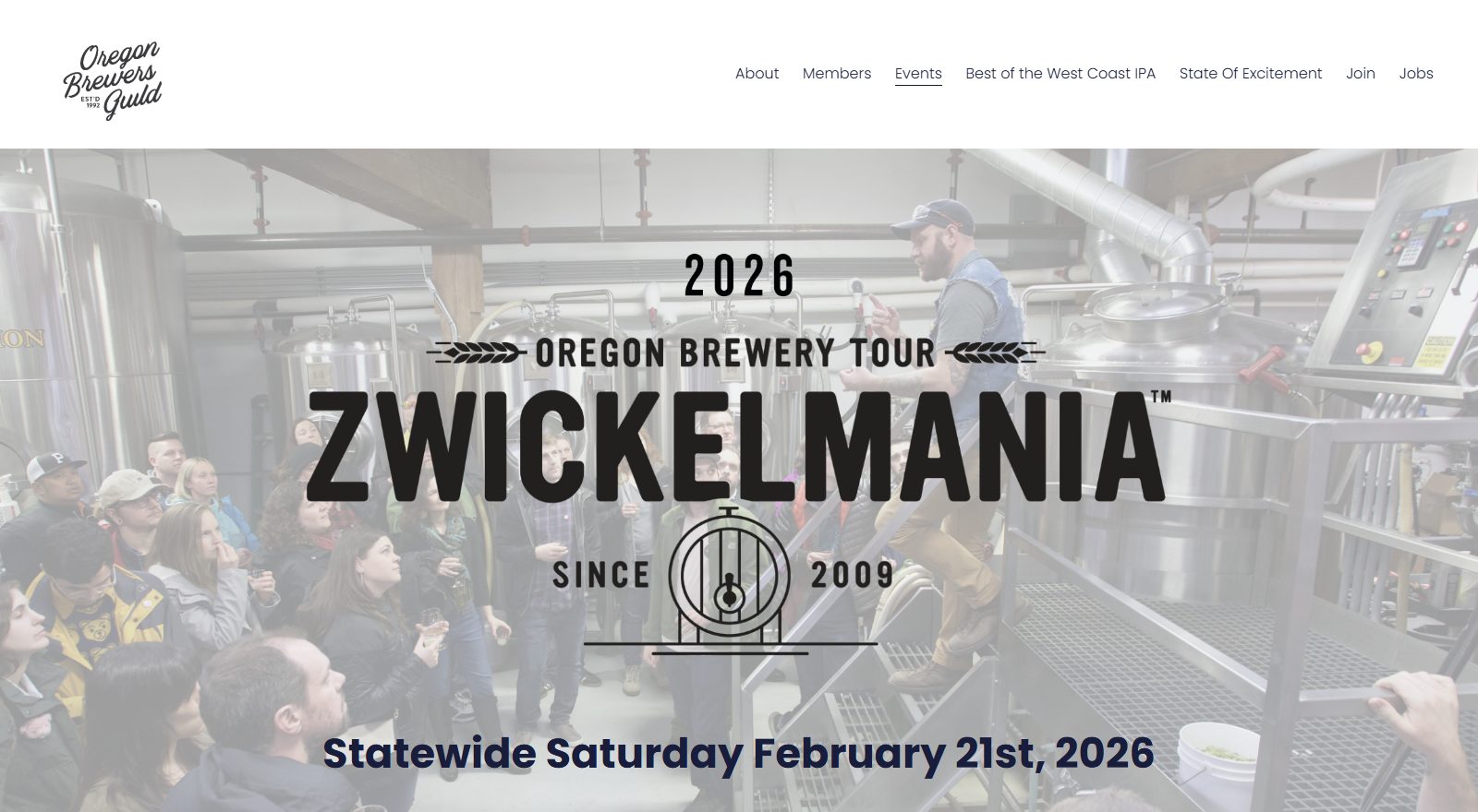 The Oregon Brewers Guild's Zwickelmania event page, showing brewery tour photos and the text 2026 Oregon Brewery Tour Zwickelmania, Since 2009, Statewide Saturday February 21st, 2026
