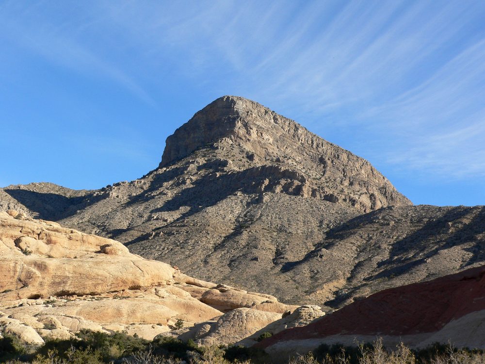 Turtlehead Peak seen from the Sandstone Quarry trailhead at Red Rock Canyon, a rocky sandstone summit rising above the surrounding desert