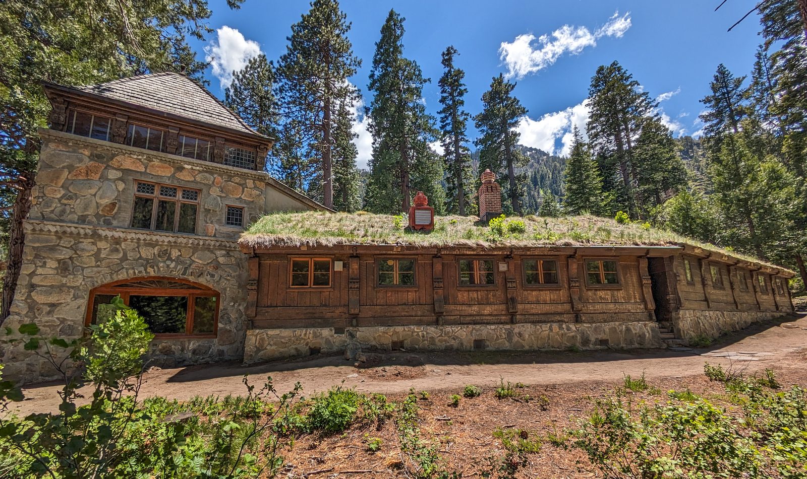 Vikingsholm Castle, a 1929 Scandinavian-style mansion on the shore of Emerald Bay at Lake Tahoe, with a grass sod roof and stone walls