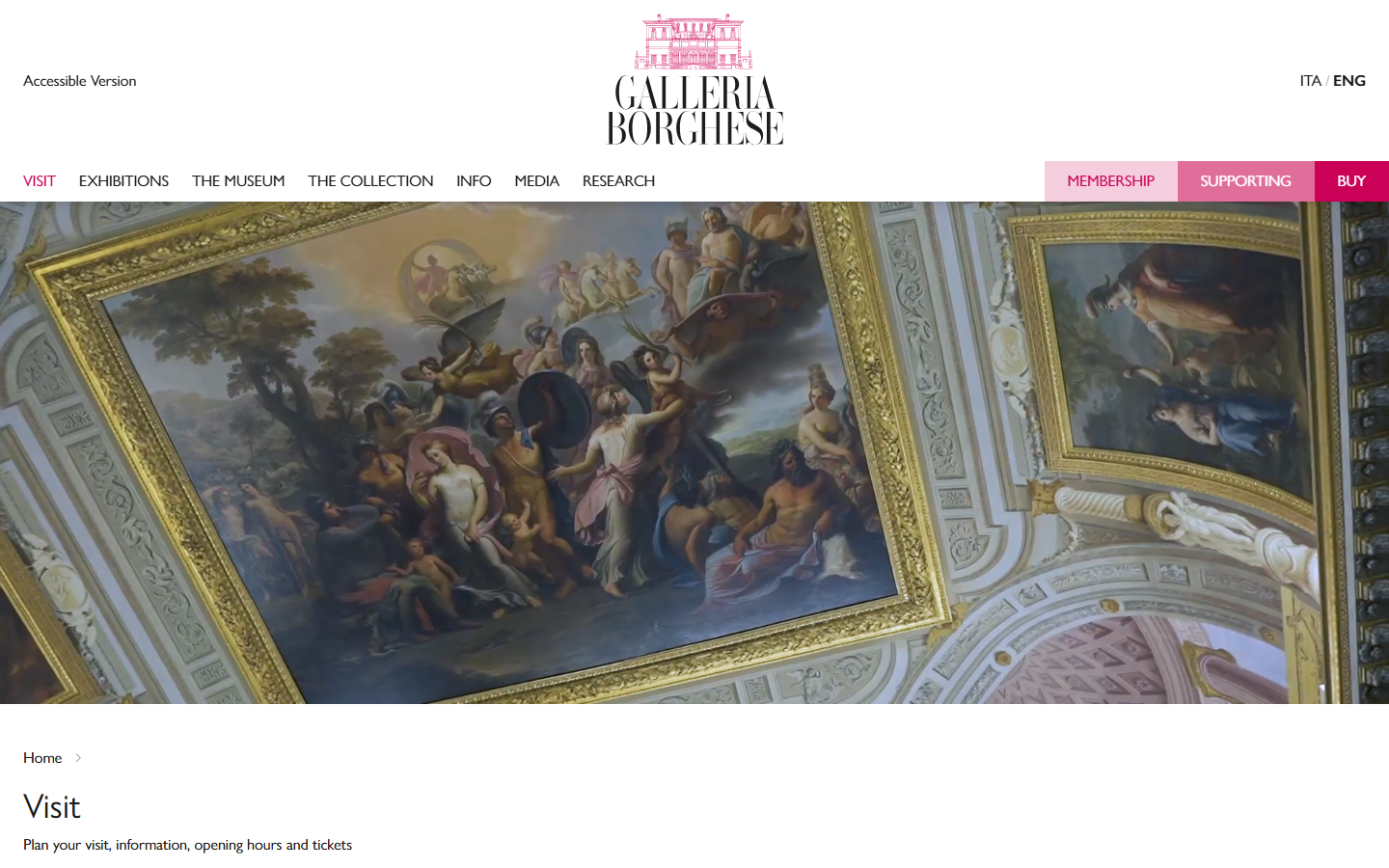Galleria Borghese's official visiting-information page showing a photo of one of the gallery's ornate painted and gilded ceiling frescoes