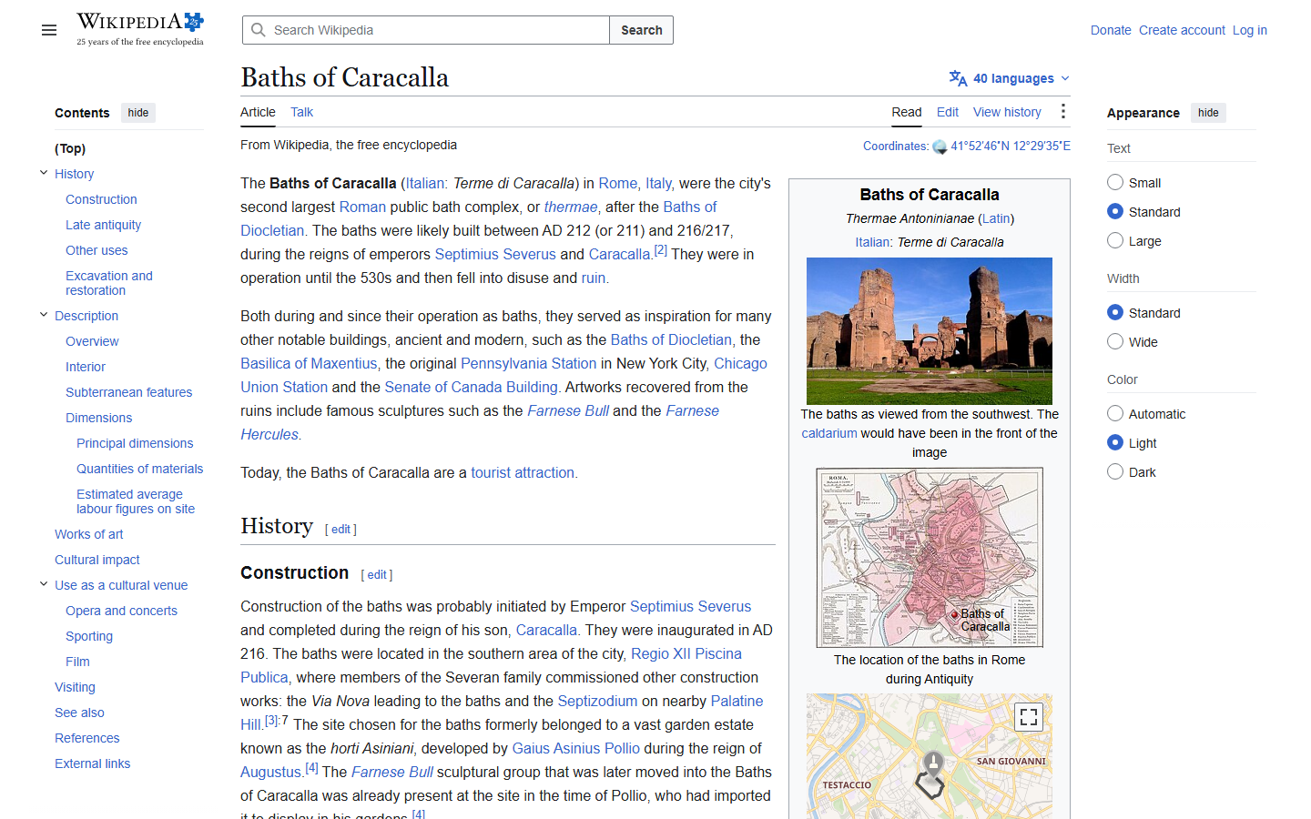 Wikipedia's Baths of Caracalla article showing a photo of the towering brick ruins of the ancient Roman bath complex, viewed from the southwest