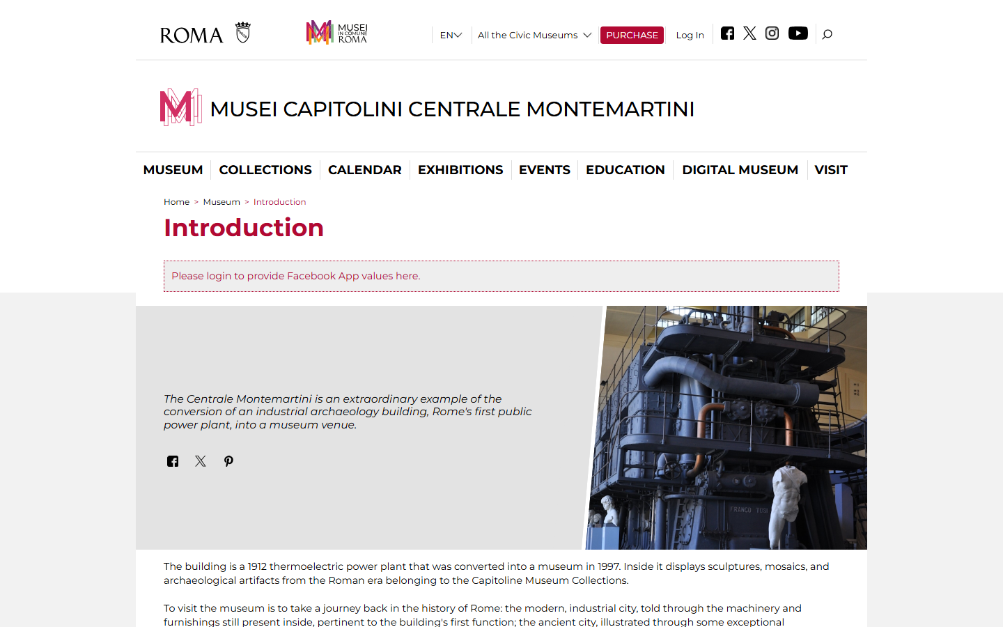 Centrale Montemartini's official site page showing a photo of classical marble statues displayed directly among the original turbines and machinery of the 1912 power plant