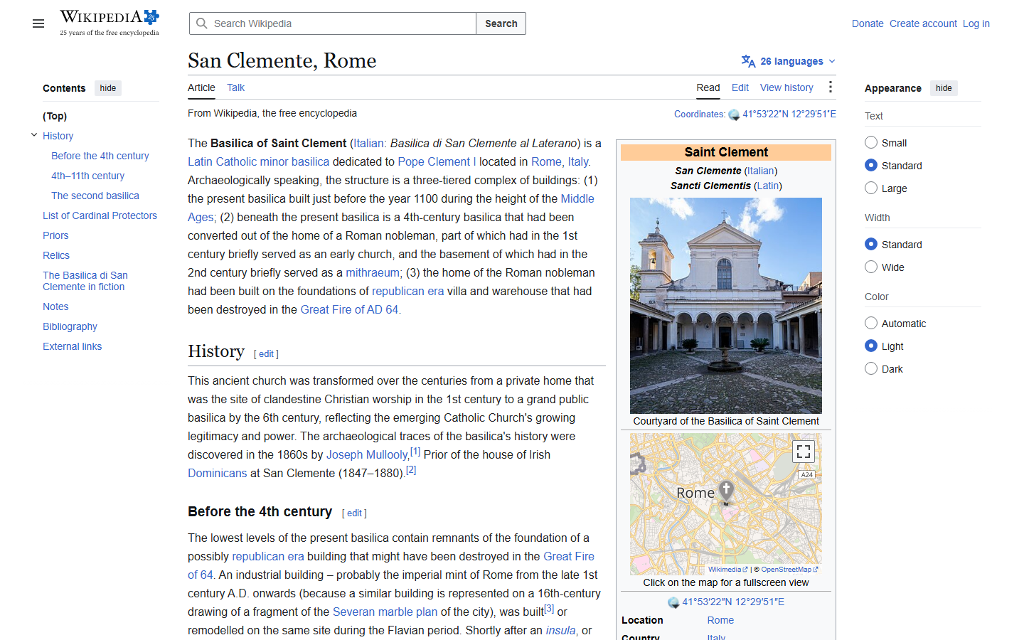 Wikipedia's San Clemente, Rome article showing a photo of the basilica's courtyard and facade, with the twelfth-century church that sits above two older buried levels