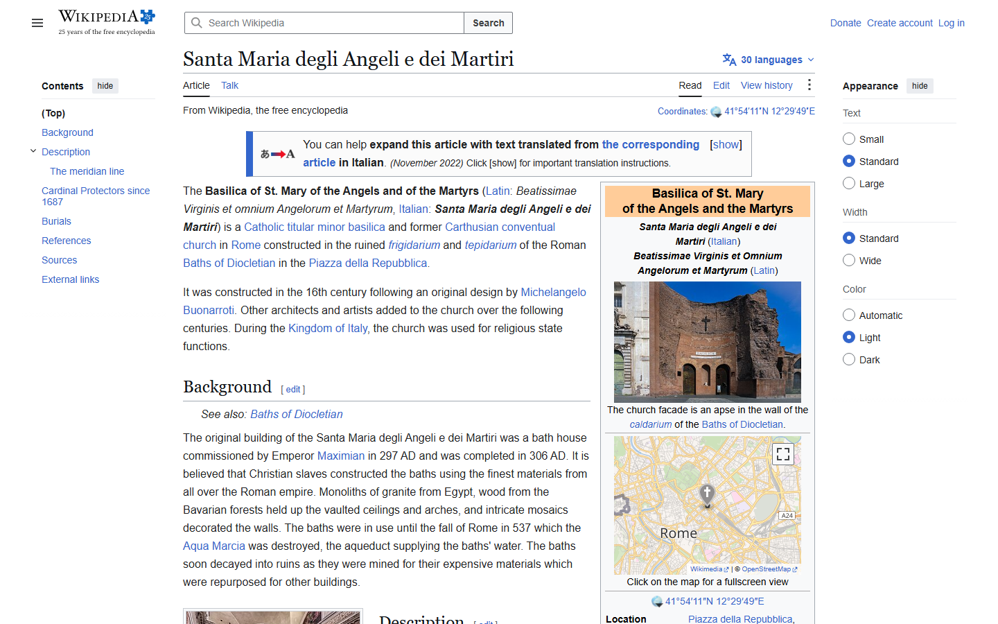 Wikipedia's Santa Maria degli Angeli e dei Martiri article showing a photo of the basilica's facade, built directly into the surviving brick ruins of the Baths of Diocletian