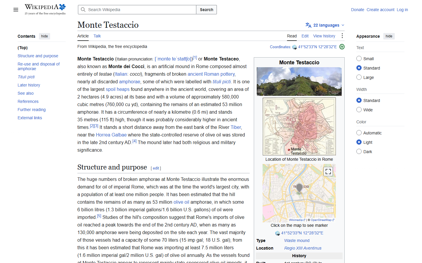 Wikipedia's Monte Testaccio article showing a photo of the grassy hill, which is actually a 2,000-year-old mound of broken Roman olive oil amphorae