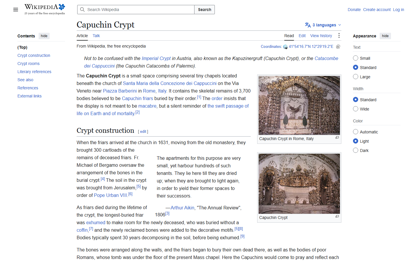 Wikipedia's Capuchin Crypt article showing photos of chapel walls and ceilings decorated entirely with the arranged skeletal remains of Capuchin friars