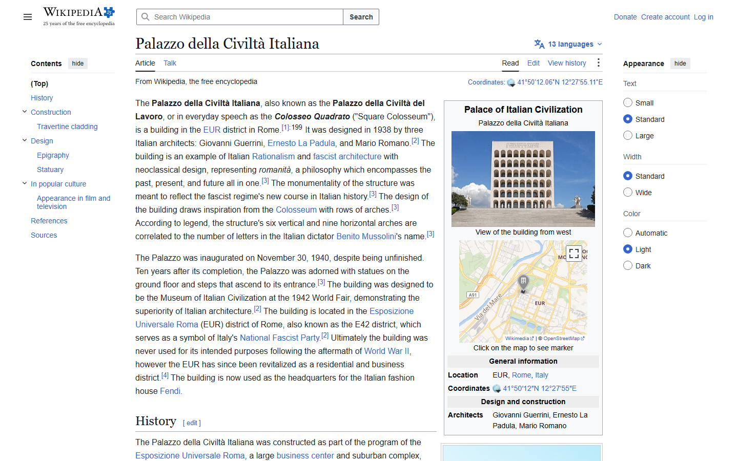 Wikipedia's Palazzo della Civilta Italiana article showing a photo of the six-story stacked-arch building, nicknamed the Square Colosseum, in Rome's EUR district