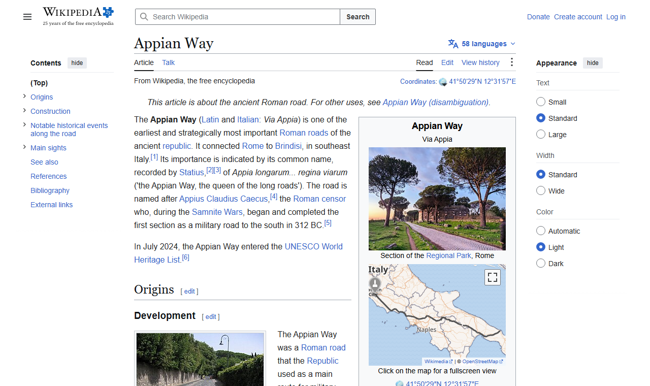 Wikipedia's Appian Way article showing a photo of the ancient Roman road lined with umbrella pines in Rome's Regional Park, with an infobox noting its July 2024 UNESCO World Heritage listing