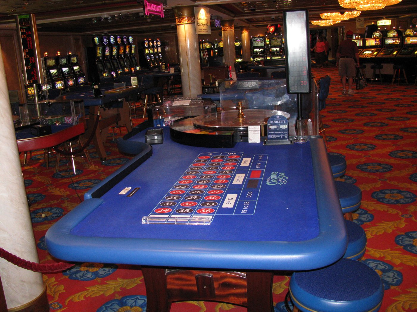 A real photo of a roulette wheel and betting layout in a casino