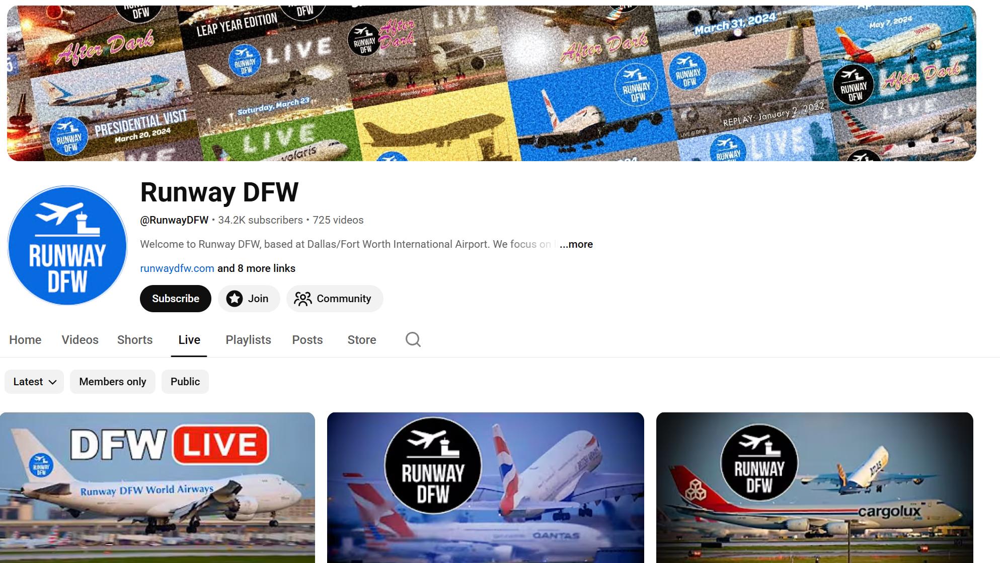 Runway DFW YouTube channel page &mdash; 34.2K subscribers, 725 videos, live plane-spotting streams from Dallas/Fort Worth