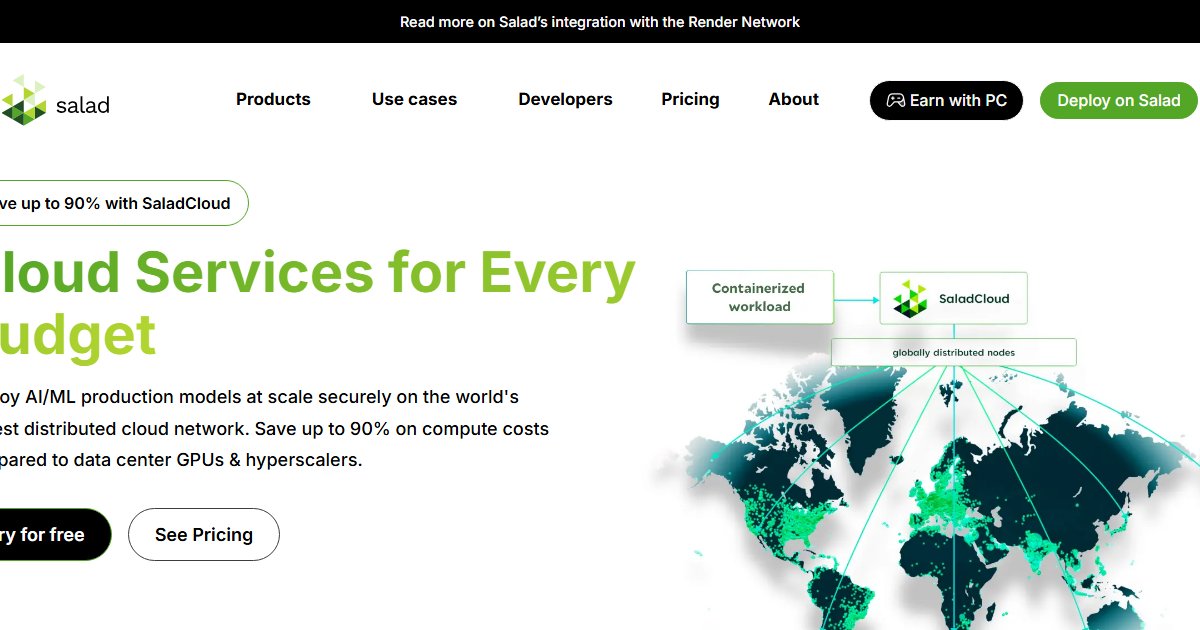 Salad.com homepage showing distributed GPU network map with pricing and compute statistics