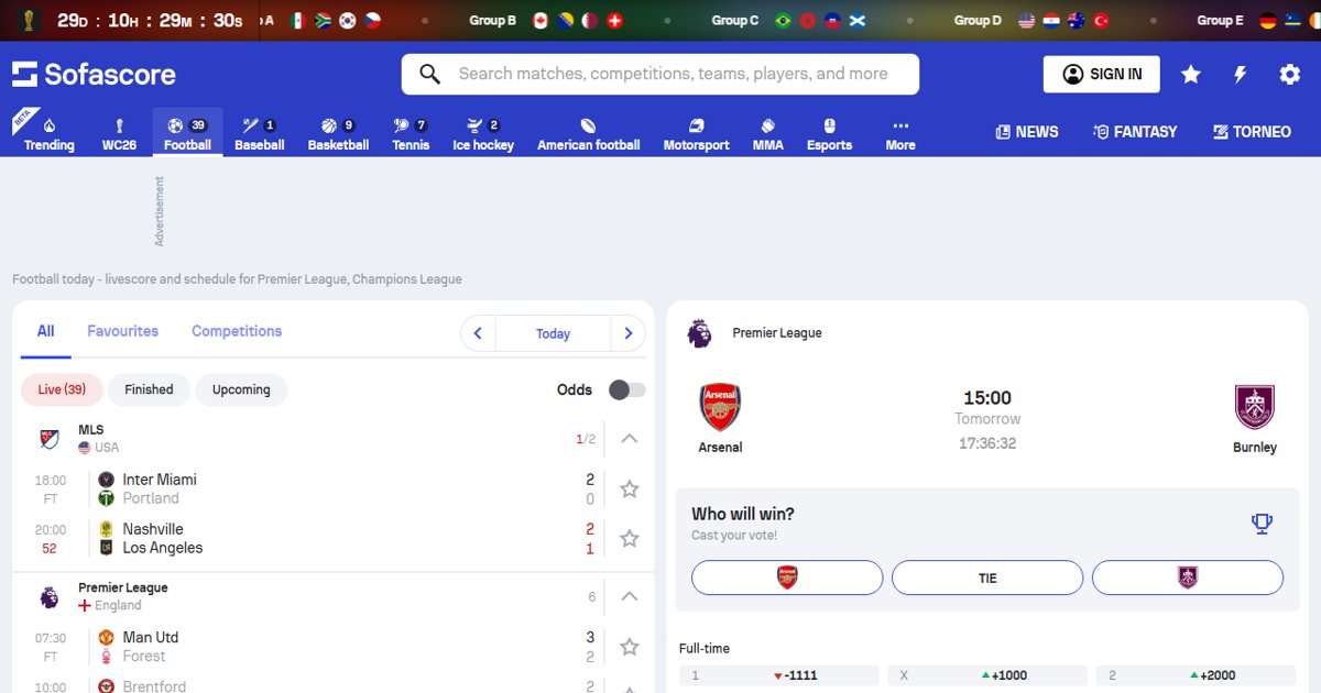 Sofascore live scores interface showing multiple sports and match details