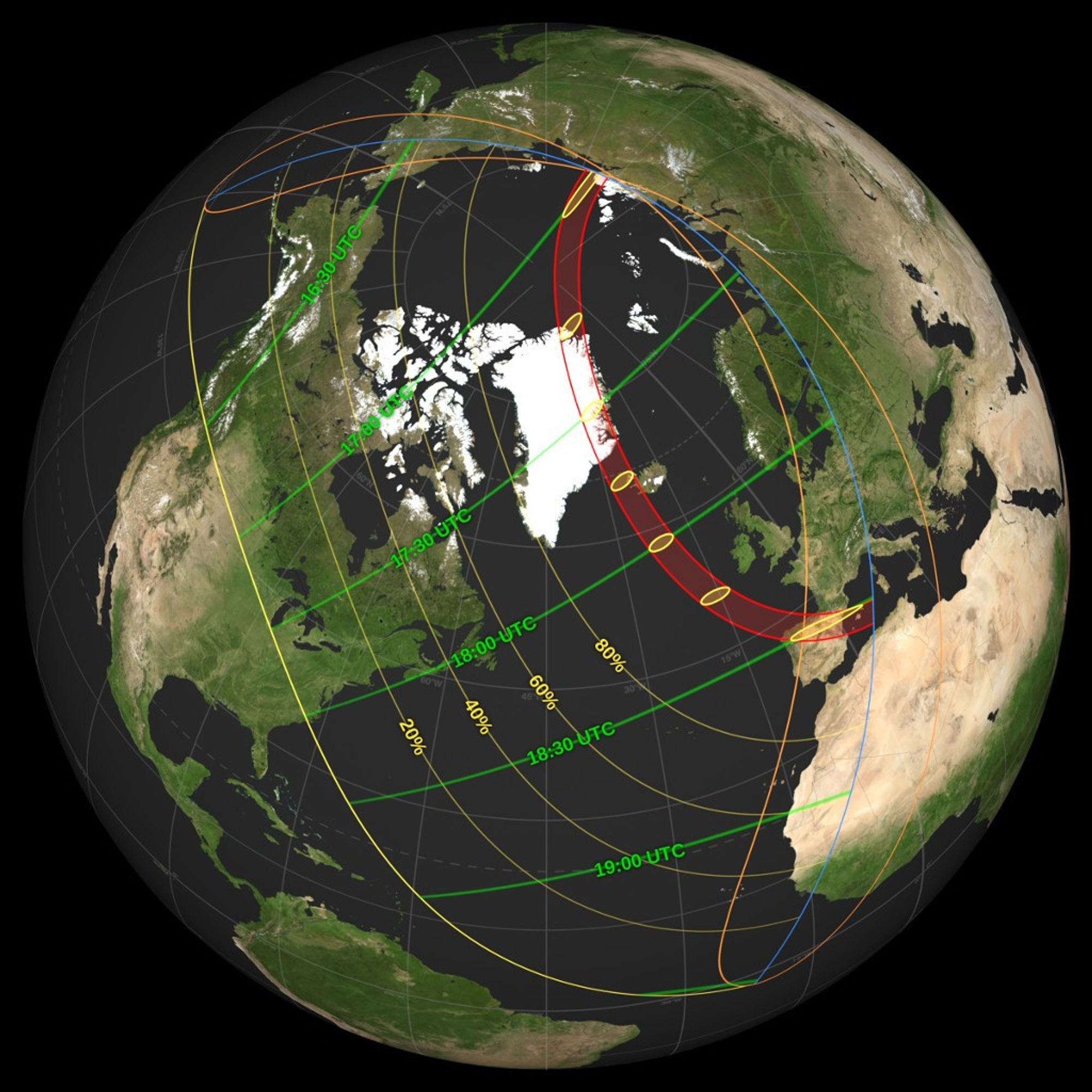 NASA's official path map for the August 12, 2026 total solar eclipse, showing a red band of totality curving from northern Russia across Greenland, Iceland, and northern Spain, with concentric yellow lines marking 20%, 40%, 60%, and 80% partial-eclipse visibility across the wider Northern Hemisphere