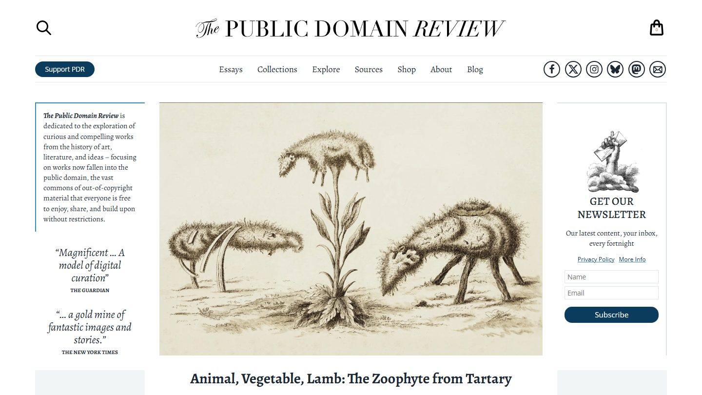Screenshot of The Public Domain Review homepage &mdash; elegant serif wordmark, the featured essay 'Animal, Vegetable, Lamb: The Zoophyte from Tartary' with a vintage botanical illustration, The Guardian's 'Magnificent... a model of digital curation' quote in the left rail, and the GET OUR NEWSLETTER subscription box