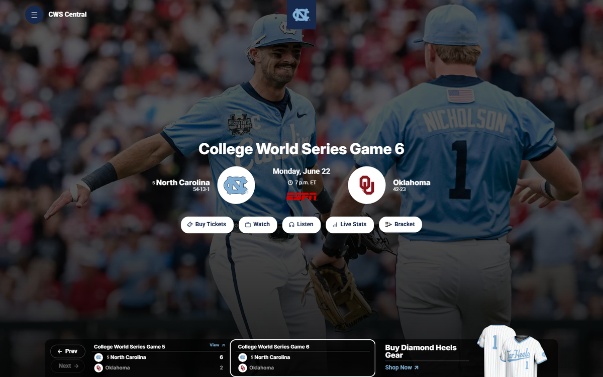 College World Series Game 6 matchup page showing North Carolina vs Oklahoma on Monday June 22 — screenshot via goheels.com.