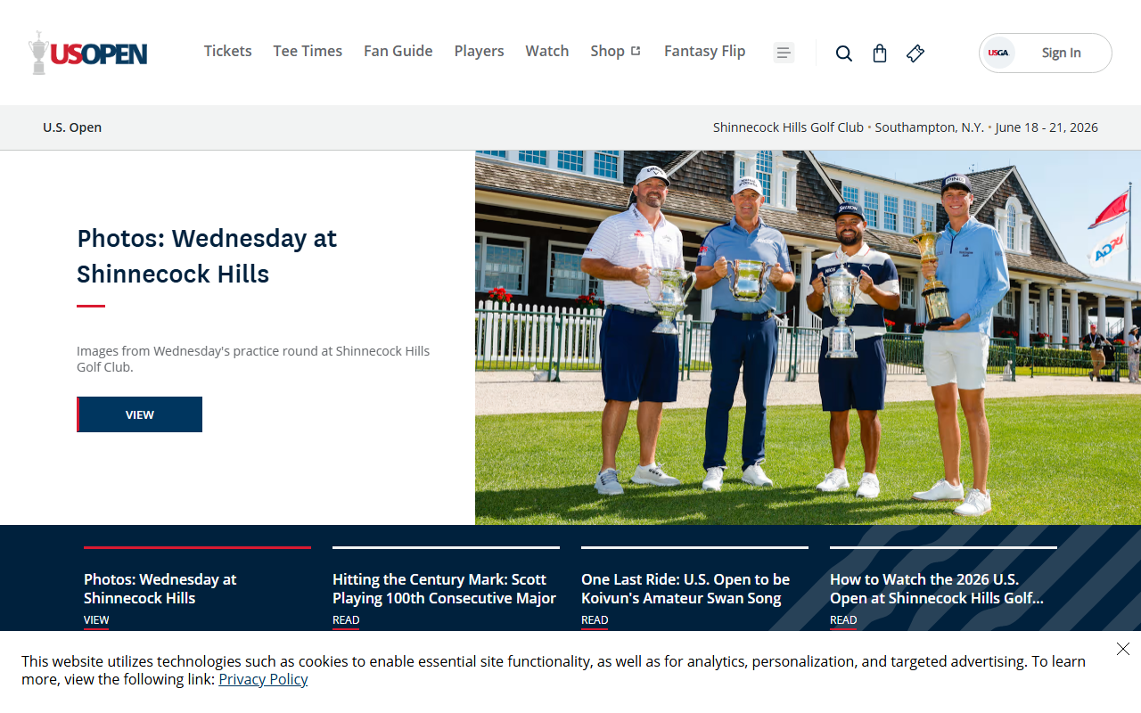 A screenshot of the 2026 U.S. Open Championship website at usopen.com, showing the Shinnecock Hills Golf Club header with June 18-21 tournament dates