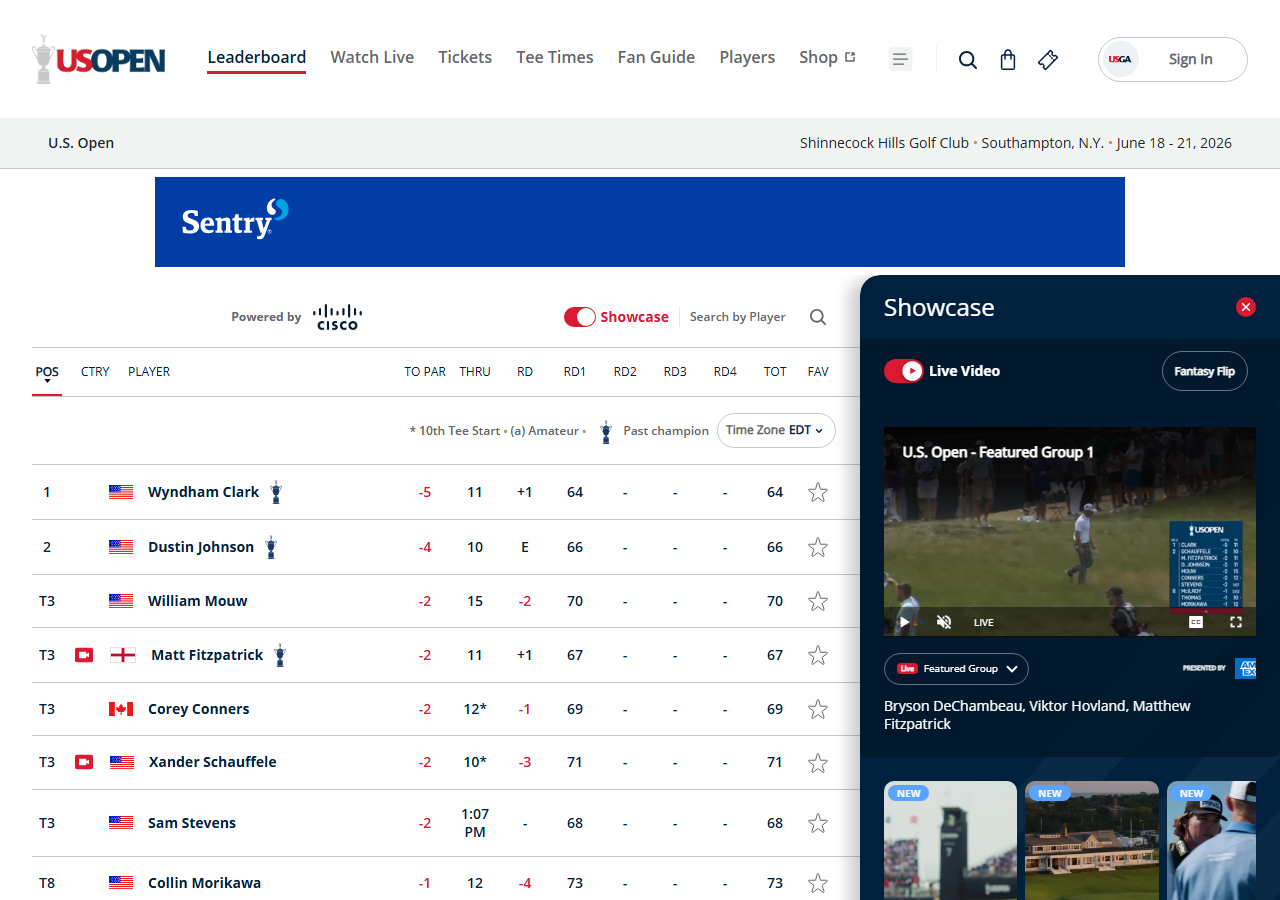 The live leaderboard at usopen.com showing Round 2 in progress at Shinnecock Hills, with Wyndham Clark leading the 2026 US Open