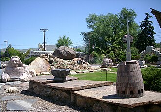 Gilgal Sculpture Garden in Salt Lake City, Utah, featuring a sphinx carved with Joseph Smith's face