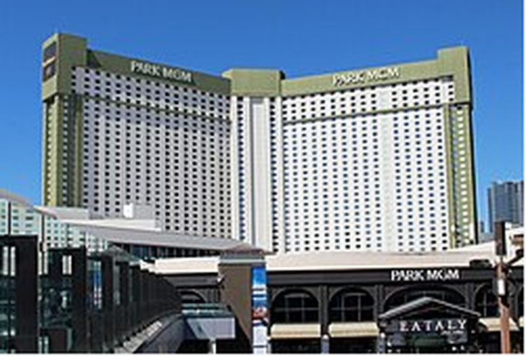Wikipedia's Park MGM article showing a photo of the resort's twin curved towers on the Las Vegas Strip, with the Park MGM wordmark above