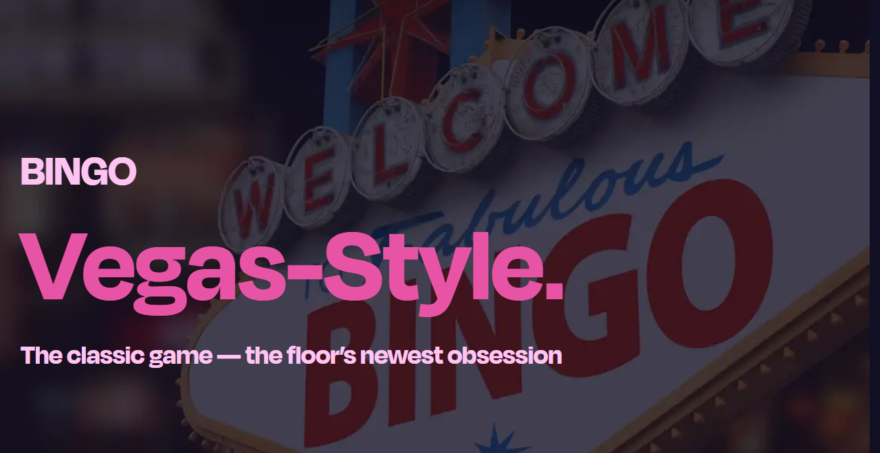 Circus Circus's official bingo page, reading 'BINGO Vegas-Style' over the resort's iconic Fabulous Las Vegas welcome-sign artwork