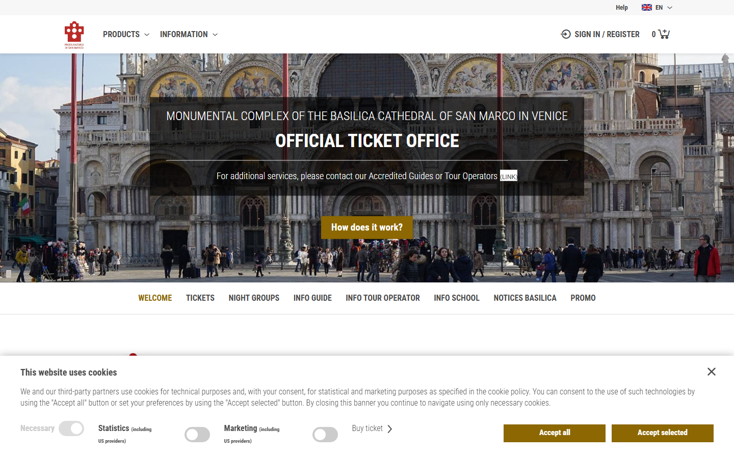 St. Mark's Basilica's official ticket office page, showing a photo of the basilica's ornately mosaicked and sculpted facade above St. Mark's Square