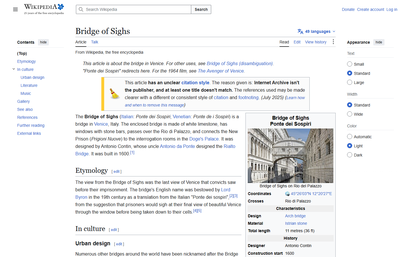 Wikipedia's Bridge of Sighs article showing a photo of the enclosed white limestone bridge spanning a narrow canal between the Doge's Palace and the New Prison