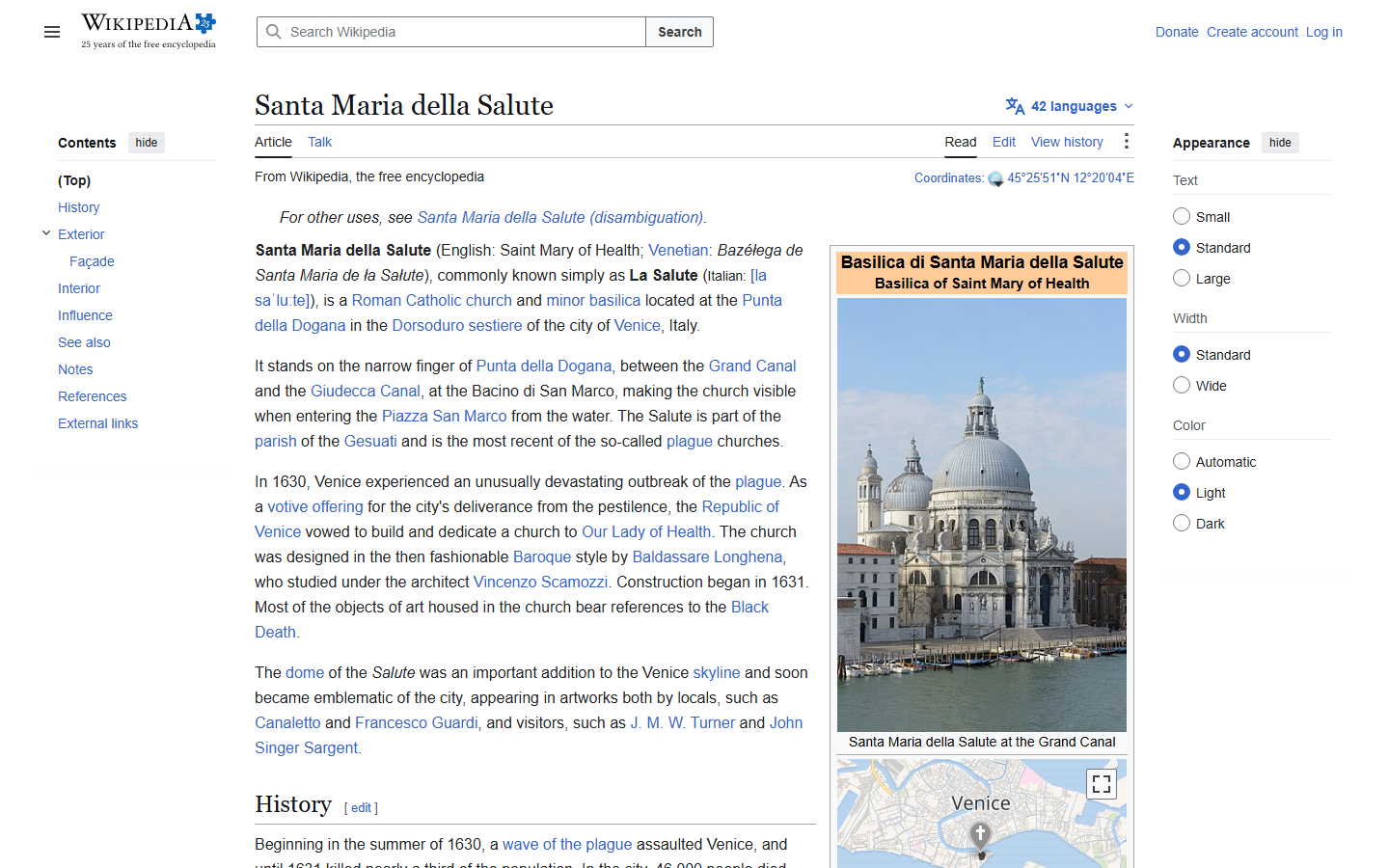 Wikipedia's Santa Maria della Salute article showing a photo of the domed Baroque basilica standing at the mouth of the Grand Canal