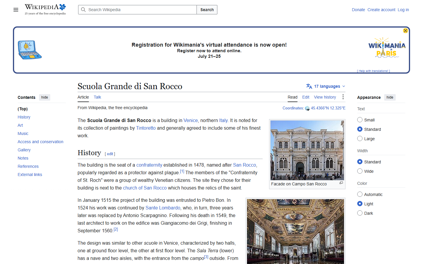 Wikipedia's Scuola Grande di San Rocco article showing a photo of the building's facade and a gilded, painted upper hall ceiling covered entirely in Tintoretto canvases