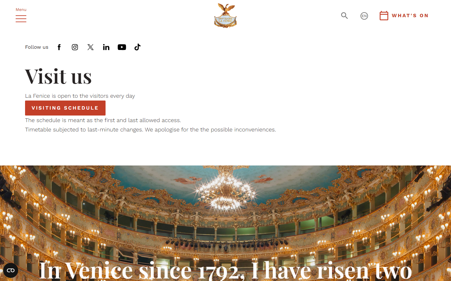Teatro La Fenice's official visiting page, showing the ornate gilded interior of the opera house's auditorium and the tagline 'In Venice since 1792, I have risen two times from my ashes'
