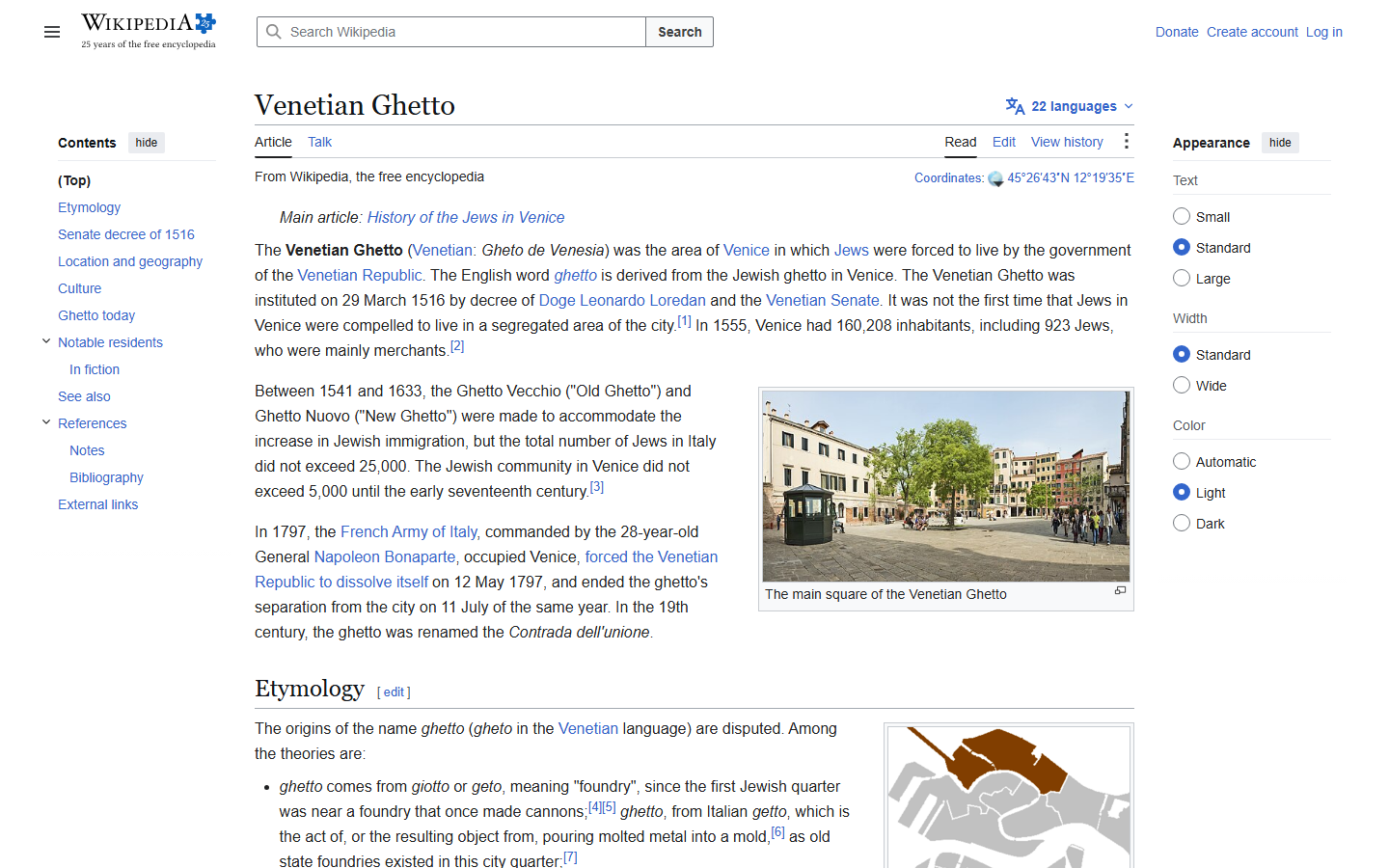 Wikipedia's Venetian Ghetto article showing a photo of the main square, lined with tall residential buildings, where Jewish residents of Venice were required to live starting in 1516