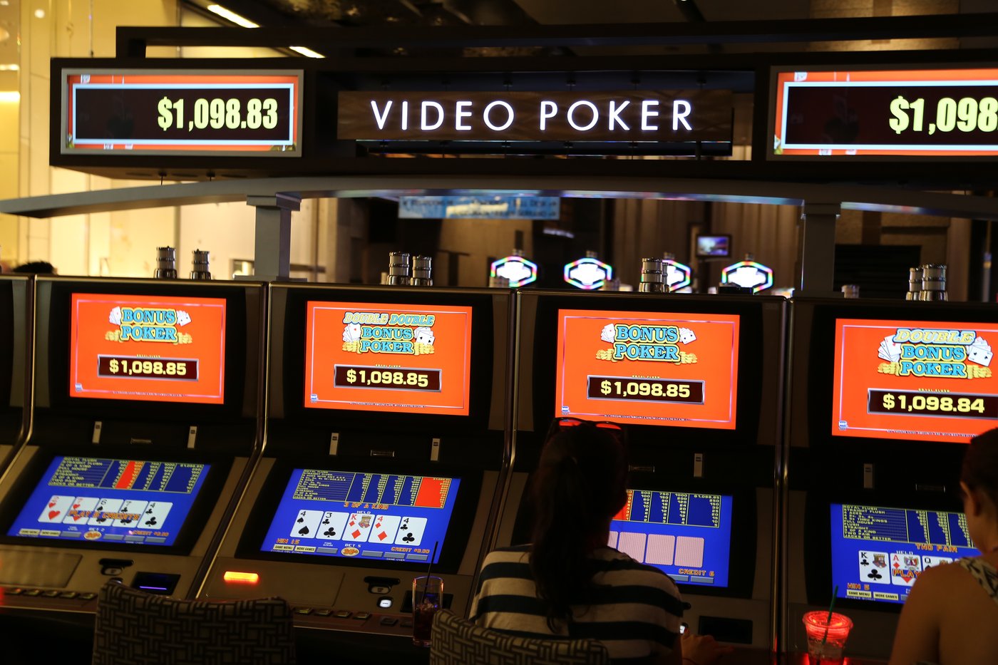 A real photo of a row of video poker machines at Harrah's casino in New Orleans