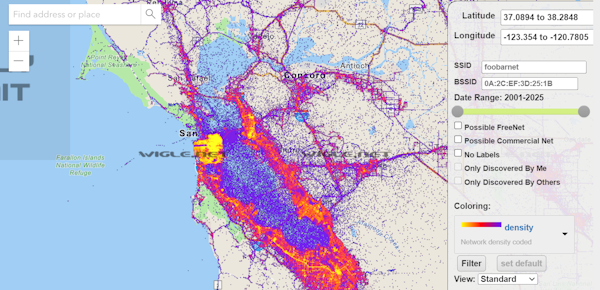 WiGLE.net heatmap screenshot showing dense WiFi network coverage across the San Francisco Bay Area, color-coded by discovery source — a vivid visualization of millions of networks mapped by volunteer wardrivers.