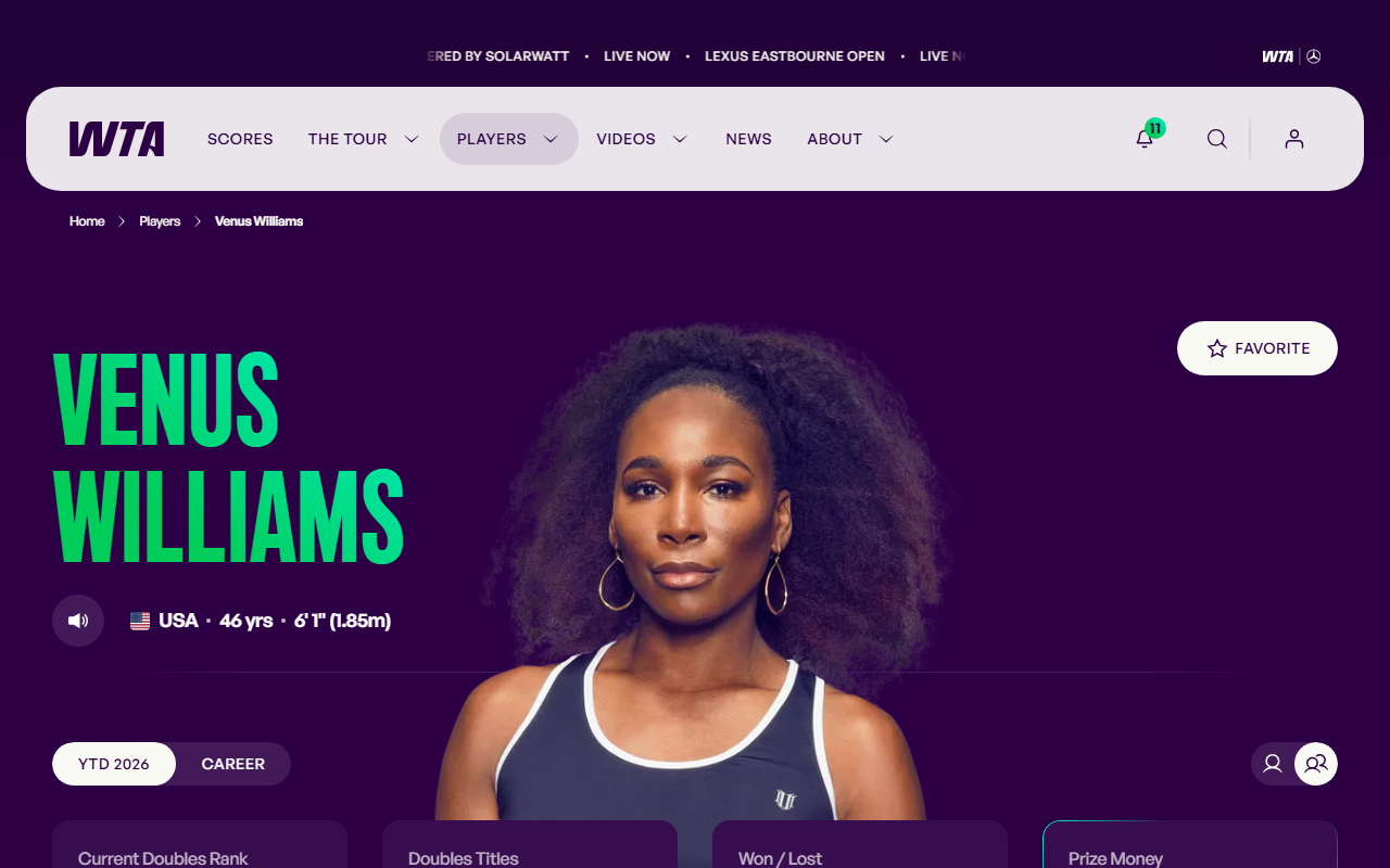 Venus Williams on the WTA Tour player profile page, shown in a close-up portrait in tennis attire against a deep purple background, with her name in bold green text.