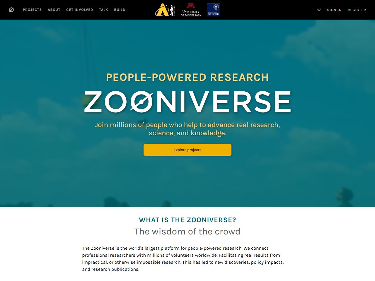 Zooniverse home page showing citizen-science project categories
